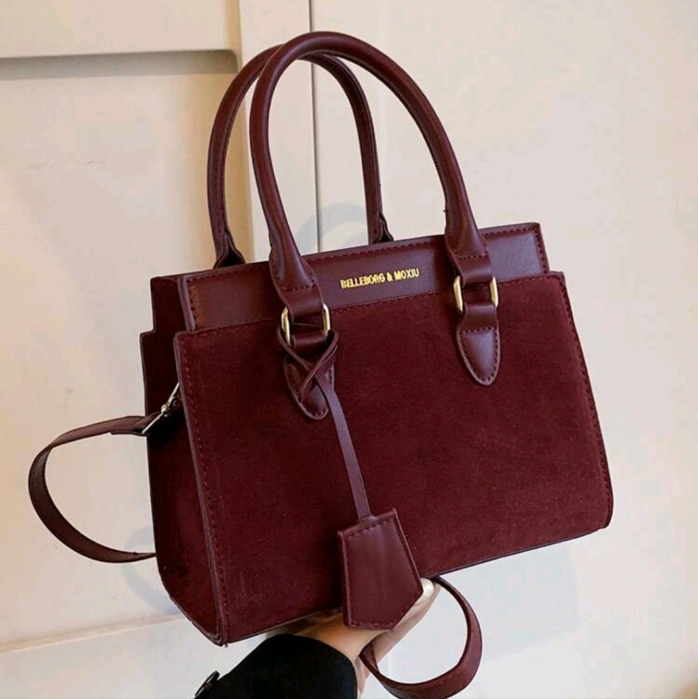 New Suede Texture Wine Red Women Business Handbag With Shoulder Strap